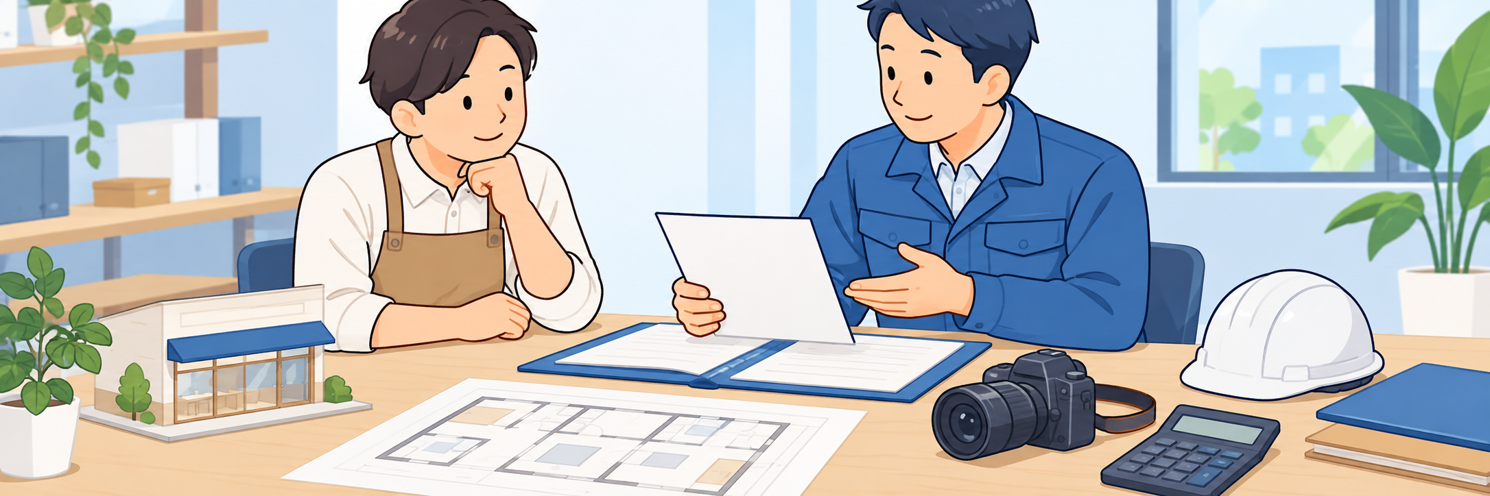 견적서와 점포 정리 서류를 상담하는 일러스트